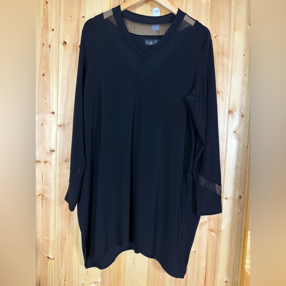 Sympli Womens Black Tunic Size 14 Long Line Mesh Slinky Jersey knit Edgy *Read